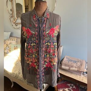 Johnny Was Multicolor Embroidered Button Down Shirt